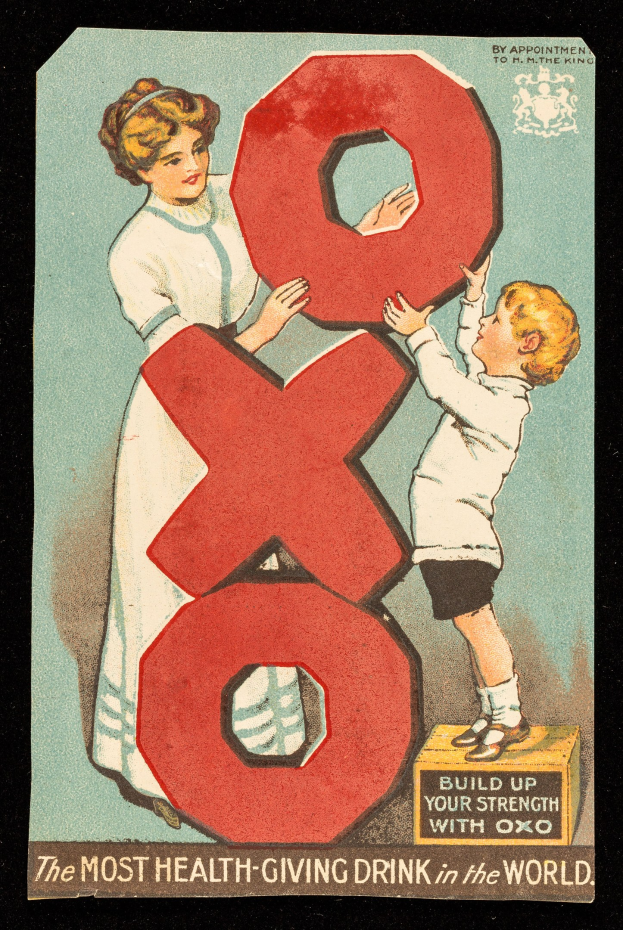 Ein Plakat, das eine Frau und einen Jungen Seite an Seite zeigt, jeder hält eine große Zahl, mit dem Text "Das gesündeste Getränk der Welt" und hellen, fröhlichen Farben.