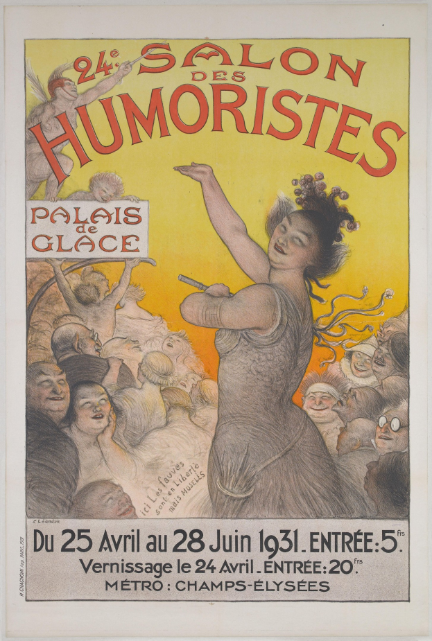 Plakat für den Salon des Humoristes in Paris, das eine Frau inmitten einer Menge zeigt, mit Veranstaltungstext.