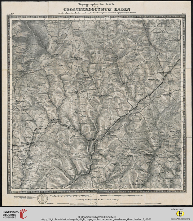 Ein gerahmtes topografisches Kartenblatt von Baden-Württemberg, Deutschland, das Geländekonturen, Höhenangaben und geografische Merkmale mit Textbezeichnungen zeigt.