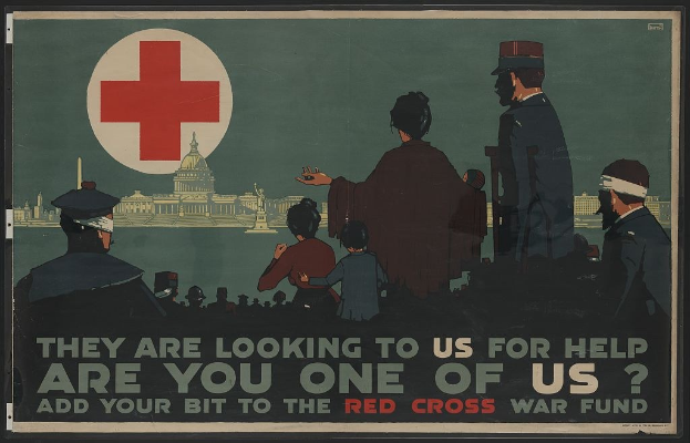 Plakat mit einer Gruppe von Menschen vor einem Gebäude mit einem roten Kreuz, auf dem steht: "Sie brauchen unsere Hilfe, sind Sie einer von uns? Tragen Sie Ihren Teil zum Roten Kreuz-Kriegsfonds bei."