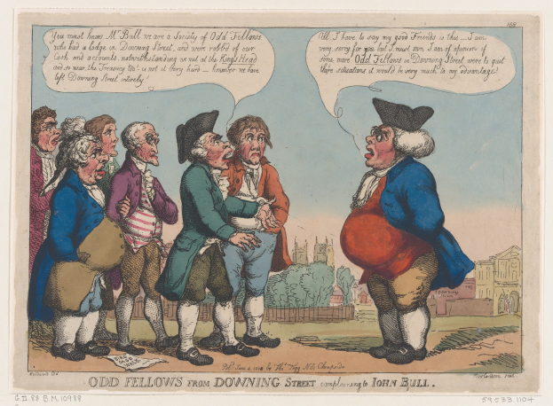 Zeichnung einer Gruppe von Menschen vor einem Gebäude mit Bäumen und Himmel, beschriftet "odd fellows from downing street complaining to John Bull" unten.