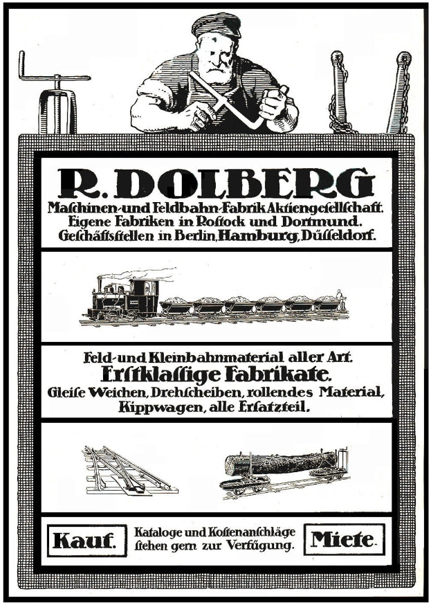 Werbung für die Fabrik von R.D. Dolberg in Hamburg, Deutschland, mit Text und Bildern, darunter eine Person, ein Zug und andere Gegenstände.