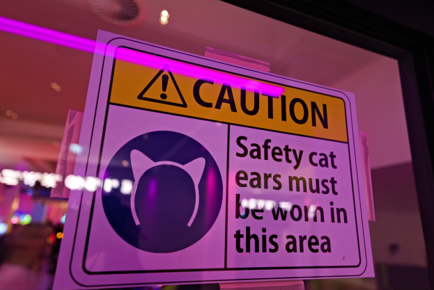 Ein Warnschild in einem Ladenschaufenster zeigt "Vorsicht: Sicherheitskatzenohren müssen in diesem Bereich getragen werden".