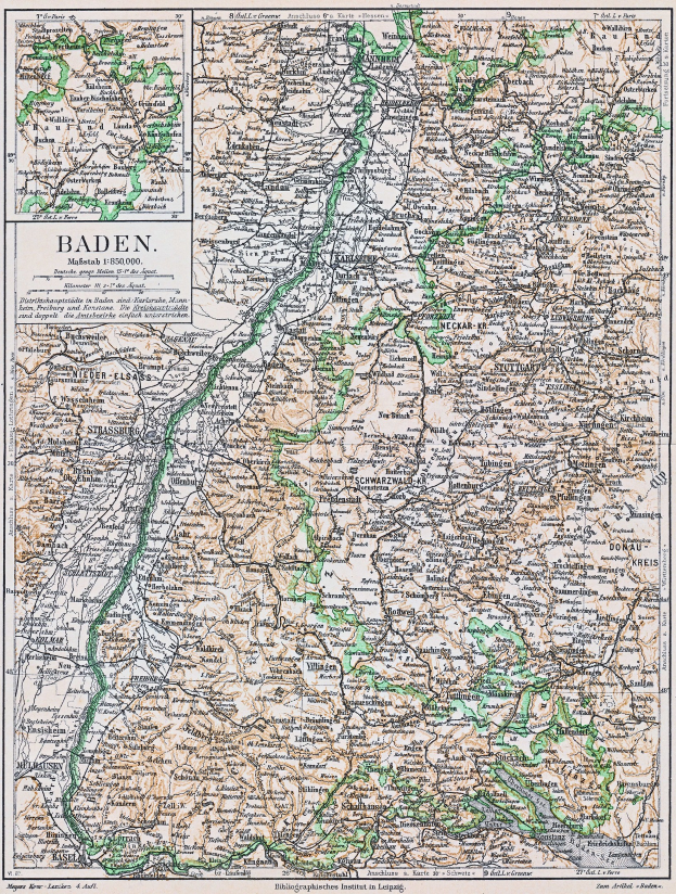 Detailiertes altes Kartenbild von Baden-Württemberg, Deutschland, mit Text oben und unten, das Straßen, Städte und geografische Merkmale zeigt.