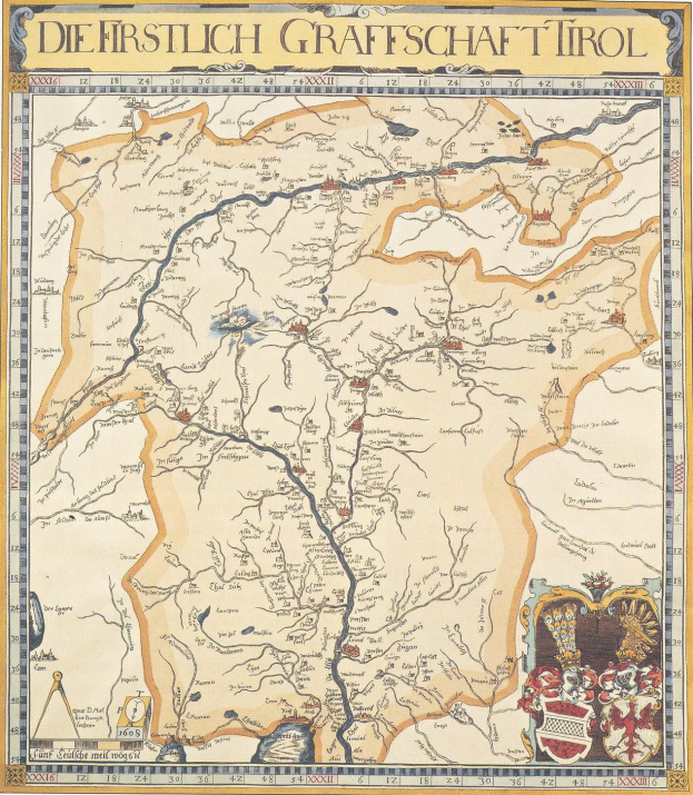 Ein detailliertes Plakat der ersten deutschen Grafschaft Tirol-Karte, das geografische Merkmale wie Flüsse, Berge und Städte zeigt, mit begleitendem Text über die Region und ihre Bewohner.
