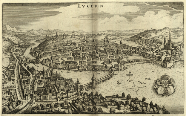 Ein alter Stadtplan von Lwiw, Ukraine, der Gebäude, Bäume, Wasser, Hügel und Wolken am Himmel zeigt, mit Text oben.