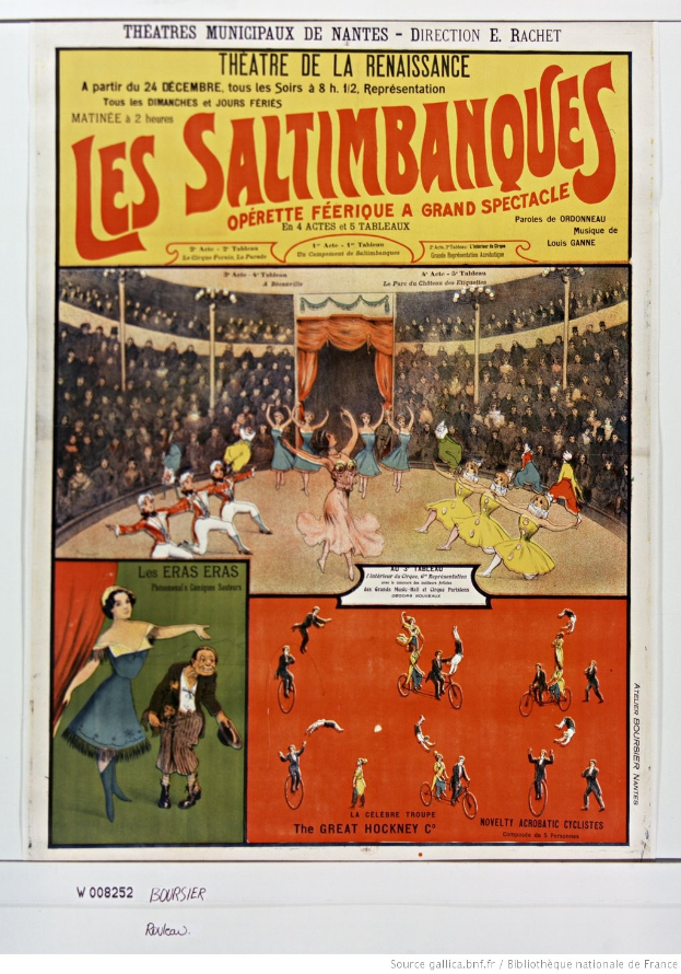 Ein buntes Plakat für das Musical "Les Saltimbanques" im Theatre de la Renaissance, das eine Zirkusszene, den Titel in fetter Schrift, eine Vorstellungbeschreibung und eine Liste der Darsteller zeigt.
