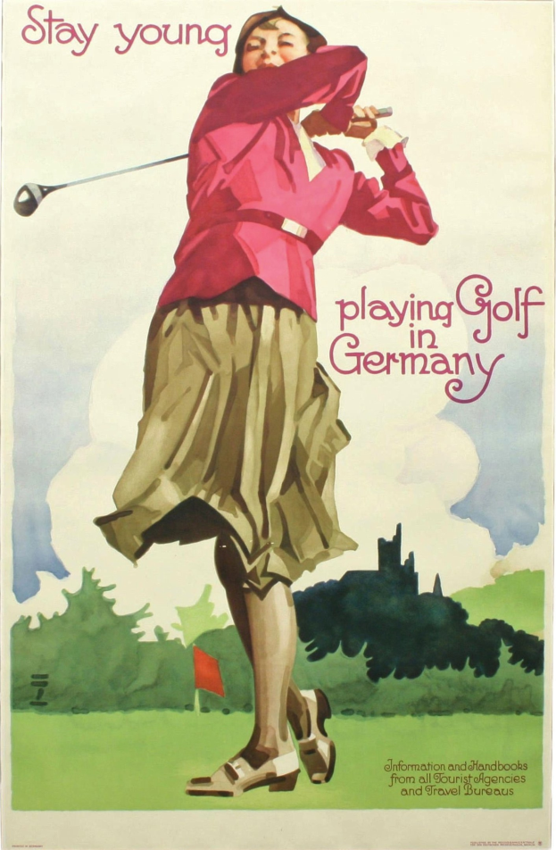 Ein Plakat, das eine Frau mit einem Golfschäger auf einem Golfplatz in Deutschland hält, mit einer Fahne und Bäumen im Hintergrund und Text über den Golfplatz.
