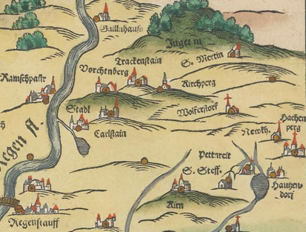 Ein dekorativer alter Stadtplan von Köln, Deutschland, mit üppigen grünen Bäumen, kleinen gemütlichen Häusern und Text in einer verschnörkelten Schrift.