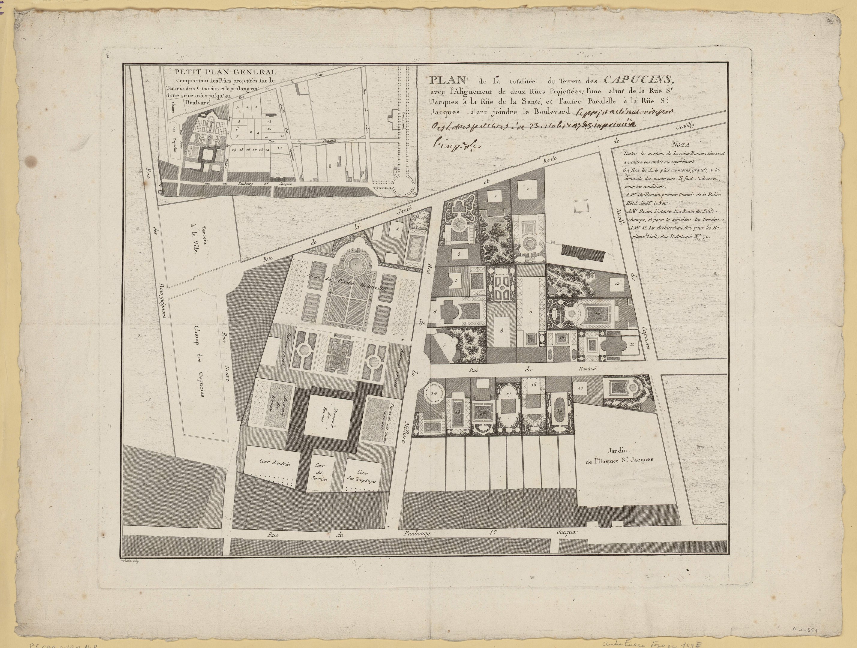 Detailierter Papierplan von Paris mit Straßen, Gebäuden und Sehenswürdigkeiten mit handgeschriebenem Text.