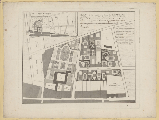 Detailierter Papierplan von Paris mit Straßen, Gebäuden und Sehenswürdigkeiten mit handgeschriebenem Text.