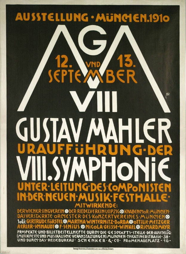 Plakat für das sinfonische Konzert von Gustav Mahler in München, Deutschland, das in der Mitte des Bildes angezeigt wird.