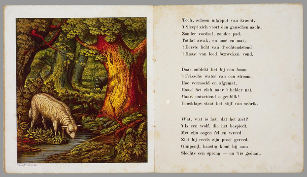 Offenes Buch mit einer Illustration eines Schafes, das in einem bewaldeten Gebiet grast, neben dem Titeltext "Die Geschichte des Schafes".