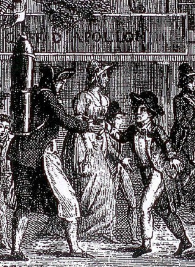 Schwarz-weiß-Zeichnung einer Gruppe verängstigter Menschen, die eine Straße entlanglaufen, vorbei an einem Gebäude, mit der Bildunterschrift "Victorian riots in London" unten.