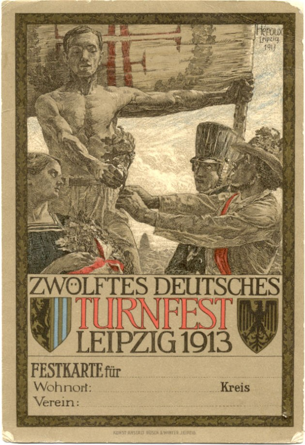 Plakat für das Zwölfte Deutsche Turnfest Leipzig 1913, das eine zentrale Gruppe von Menschen mit Text zu den Veranstaltungseinzelheiten zeigt.