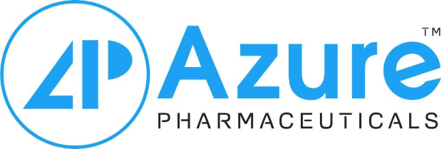 Schwarzer Text "AZURE PHARMACEUTICALS" in der Mitte eines weißen, blauen Kreises auf einem weißen Hintergrund.