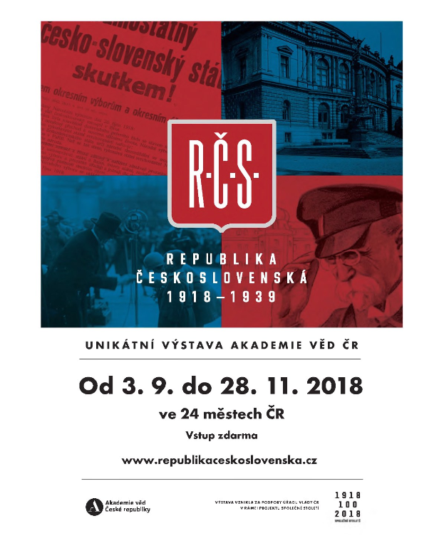 Plakat für die Tschechoslowakische Republik (TSC) mit zwei Personen in festlicher Kleidung vor einem Gebäude, mit begleitendem Text.