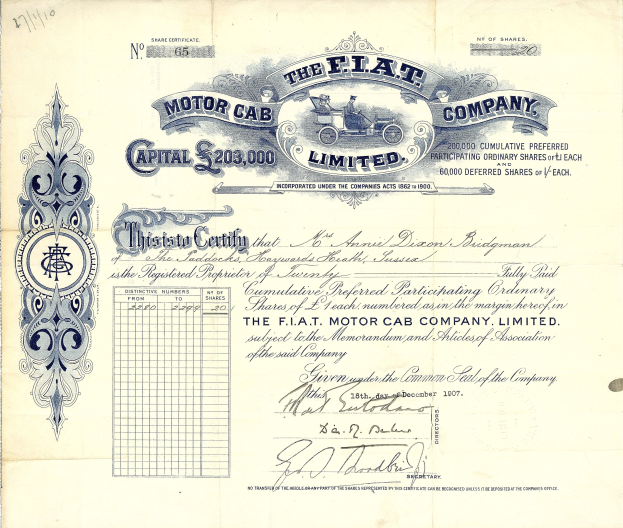 Alte Aktienurkunde der Flat Motor Cab Company mit gedrucktem Text und handgeschriebenen Zahlen.