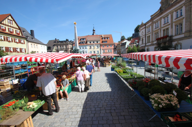 Ein belebter Markt im historischen Zentrum von Heidelberg, Deutschland, mit Menschen, die spazieren gehen, auf Bänken sitzen und in der Nähe von Zelten, Tischen mit Körben voller Gemüse und Gebäuden mit Fenstern, Bäumen und einem klaren blauen Himmel im Hintergrund.