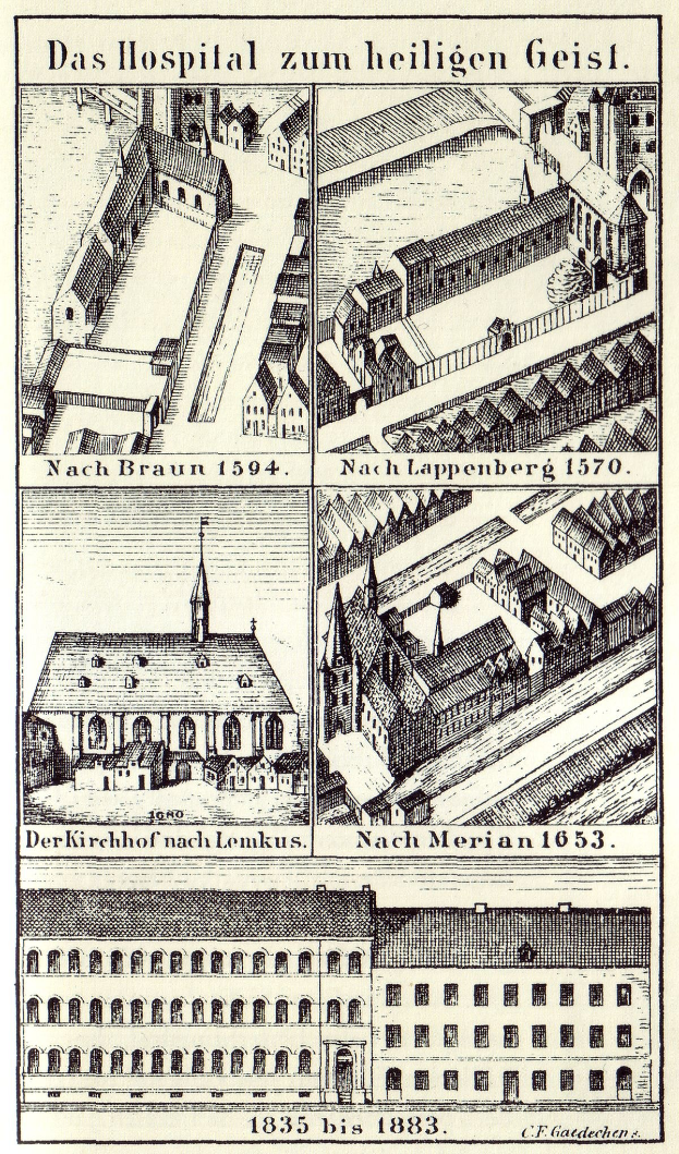 Detailreiche Abbildung eines deutschen Krankenhausgebäudes auf einem Plakat mit Fenstern, Türen und Balkonen sowie begleitendem Text zu Größe, Lage und Ausstattung.