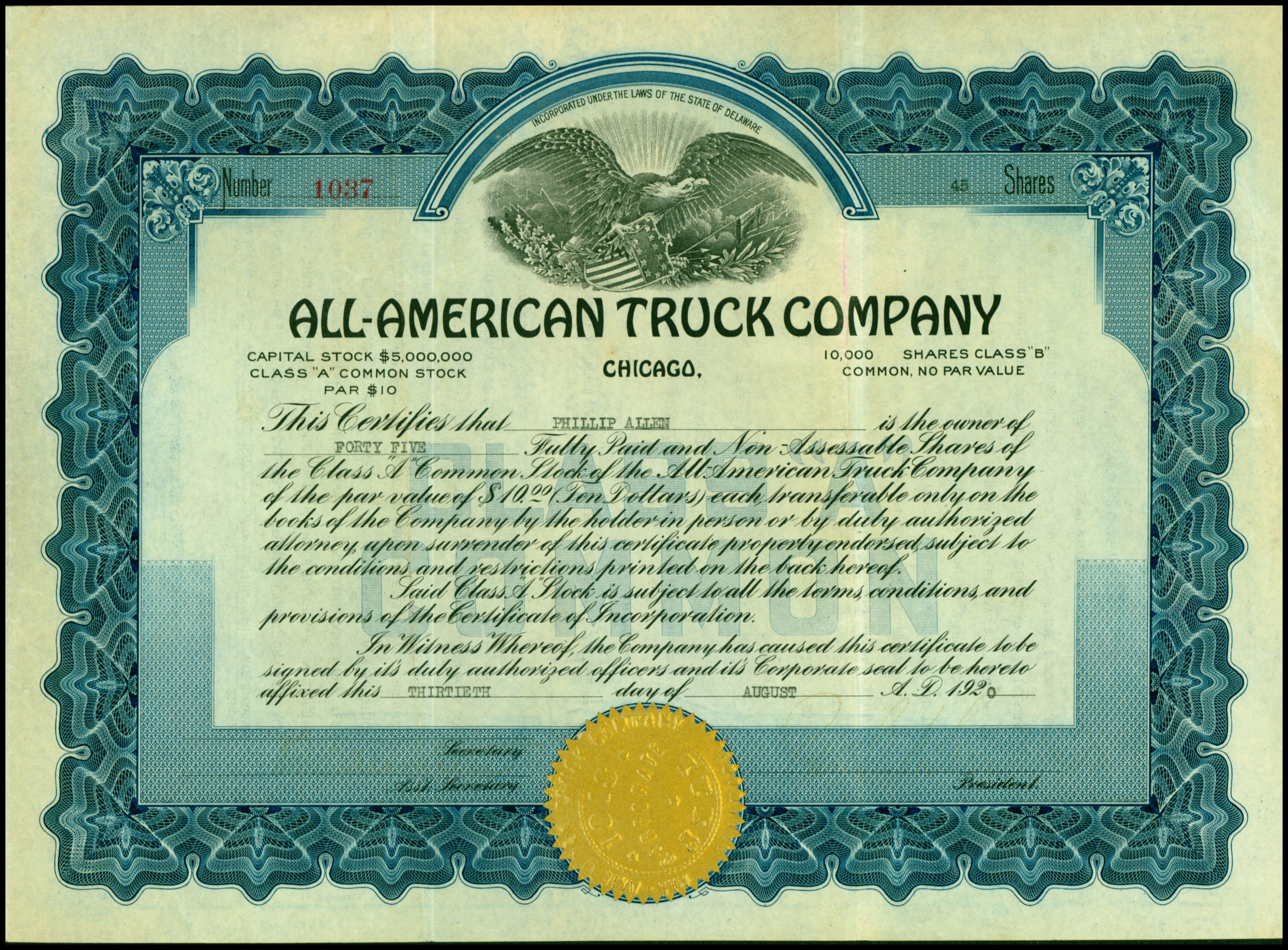 Aktienzertifikat der All-American Truck Company mit schwarzem Rand und goldenem Siegel in der Mitte, das gedruckten Text enthält, einschließlich des Unternehmensnamens, Datums und anderer Details.
