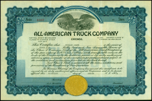 Aktienzertifikat der All-American Truck Company mit schwarzem Rand und goldenem Siegel in der Mitte, das gedruckten Text enthält, einschließlich des Unternehmensnamens, Datums und anderer Details.