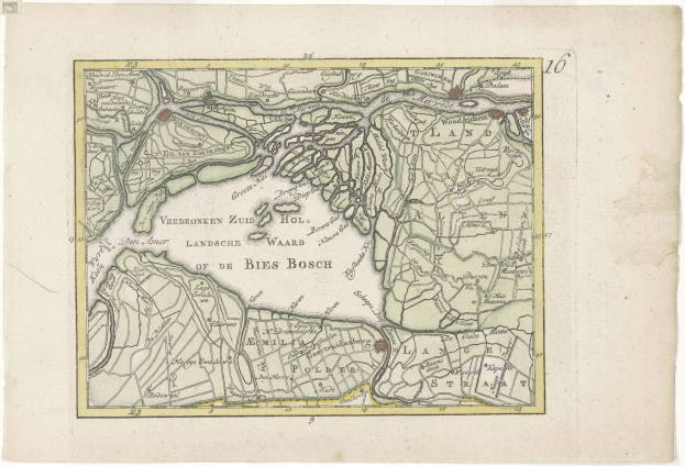 Ein detailliertes altes Stadtplan von Bies Bosch, Deutschland, mit Straßen, Gebäuden und Sehenswürdigkeiten mit Textbeschriftungen.