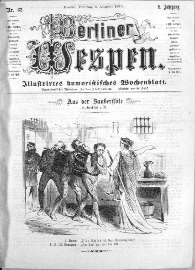 Altes Schwarz-Weiß-Zeitungsfoto vom "Berliner Wespen, August 6, 1875" mit einer Gruppe von Menschen in Not, einige schauen ängstlich hoch und andere verwirrt runter.