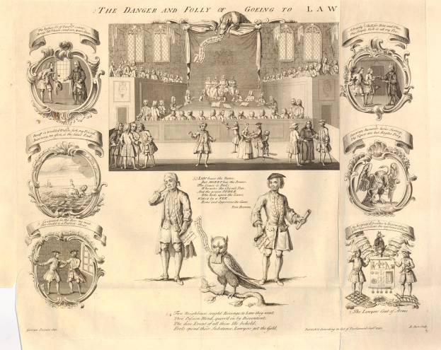 Eine Zeitung mit verstörten Menschen in Illustrationen und fetter Schrift, die vor den Gefahren des Rechtsweges warnt.