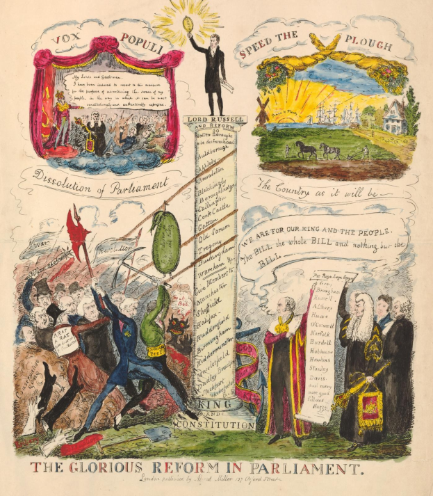 Ein bunt illustrierter Dokument titled "Die glorreichen Reform im Parlament", mit fetter Schrift und verschiedenen lachenden Menschen, die Hoffnung und Fortschritt symbolisieren.