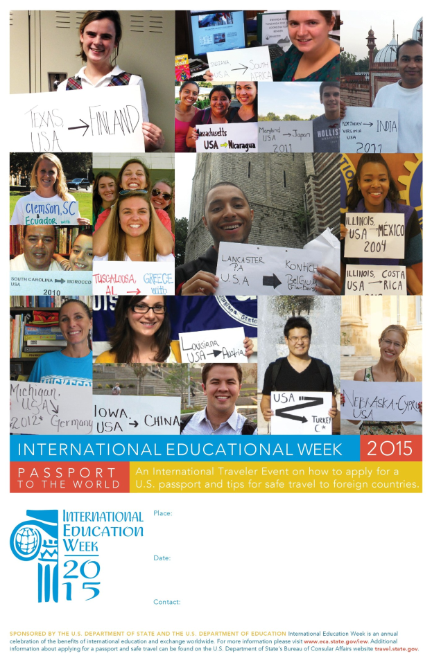 Internationaler Bildungswoche 2015 Plakat mit einer Gruppe von Menschen, die strahlen und Schilder mit Text halten.