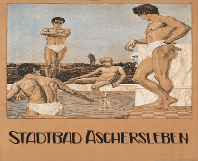 Gruppe von Menschen, die in einem Schwimmbad in Aschersleben, Deutschland, stehen und sitzen.