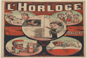 Plakat für ein Konzert im Chorloge-Theater in Paris mit einer Gruppe von Menschen in farbenfrohen Kostümen und umgeben von Text.