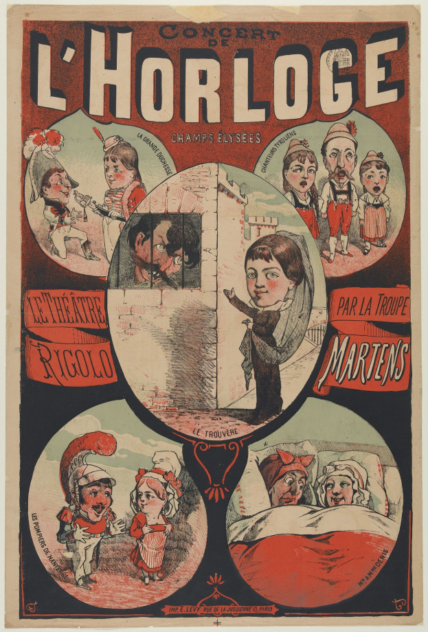 Plakat für ein Konzert im Chorloge-Theater in Paris mit einer Gruppe von Menschen in farbenfrohen Kostümen und umgeben von Text.