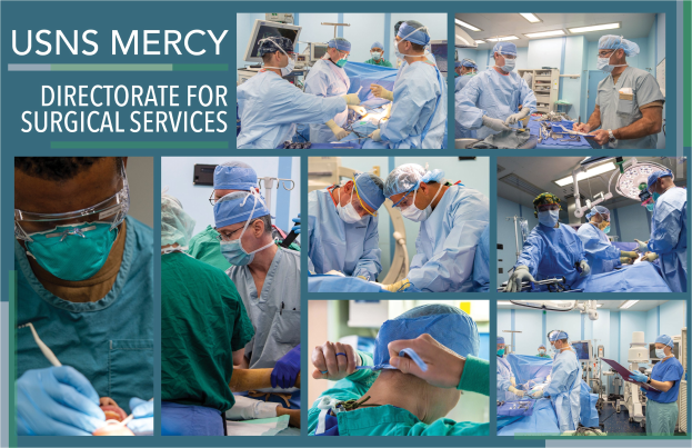 Eine Gruppe von medizinischen Fachleuten in Masken, Kappen und Handschuhen führt einen Eingriff in einem Operationssaal durch, der mit "USNS Mercy Directorate for Surgical Services" beschriftet ist.