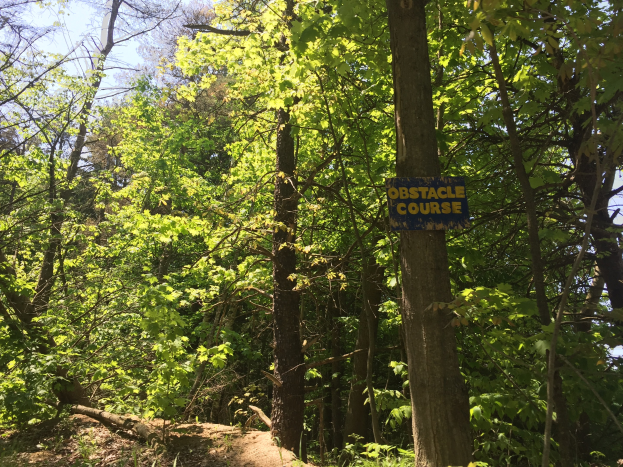 Ein Schotterweg in einem bewaldeten Gebiet, der von einem Schild mit der Aufschrift 'Hindernislauf' markiert ist, mit Bäumen auf beiden Seiten und Himmel im Hintergrund.