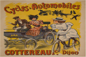 Plakat, das Fahrräder und Automobile in Cottereau und Dijon, Frankreich anpreist, zeigt Menschen, die Fahrräder fahren und eine Kutsche mit dem Text "Fahrräder und Automobile" oben.