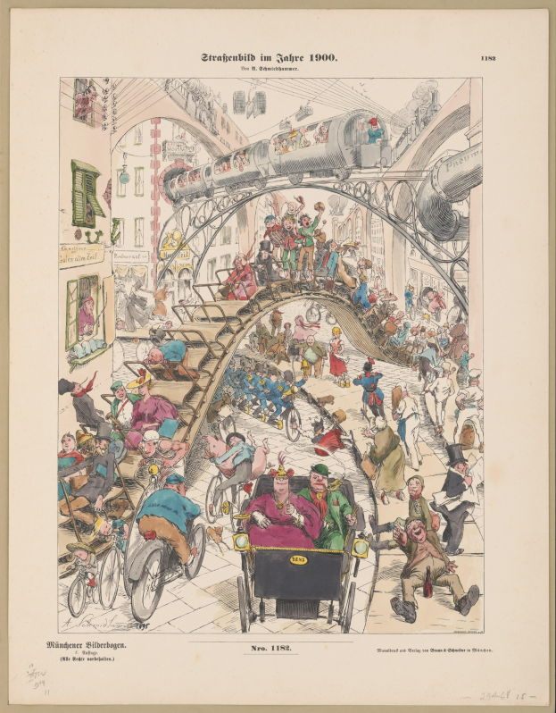 Schwarz-weiß-Illustration eines überfüllten Bahnhofs aus dem Jahr 1900, eingerahmt von einem Photo-Rand, mit Menschen mit besorgten Gesichtern.