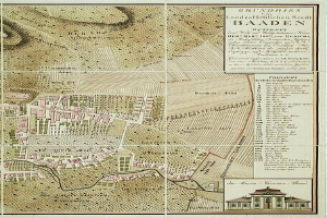 Ausführliche alte Karte von Baden-Württemberg, Deutschland, mit einem Gebäude in der rechten unteren Ecke, die Straßen, Gebäude und andere Merkmale zeigt, begleitet von Text mit Bevölkerungsangaben, Sehenswürdigkeiten und Straßeninformationen.