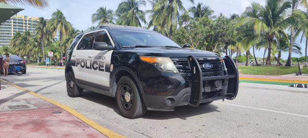Polizeiauto am Straßenrand von Menschen, Fahrrädern, Gras, Bäumen, Gebäuden und einem klaren blauen Himmel umgeben, mit einem sichtbaren Vorderrad.