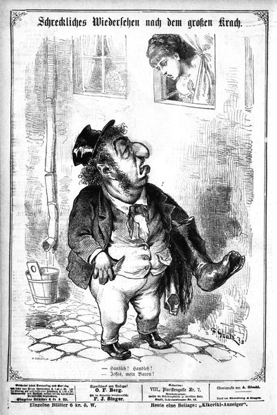 Cartoon-Illustration eines Mannes mit Zylinder und einer Frau in einem Kleid neben einer Wand mit Fenster, Eimer und anderen Gegenständen, mit Text unten: "F. J. Singer, der erste deutsche Politiker, der in den Kongress gewählt wurde."