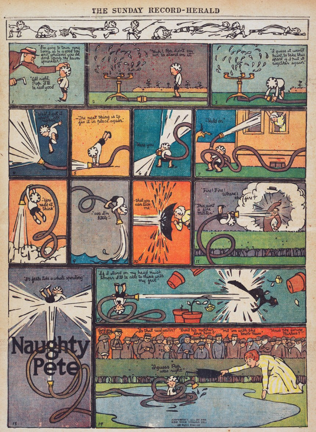 Cartoon eines Mannes in Anzug und Krawatte in einem Comic-Strip umgeben von narrativem Text.
